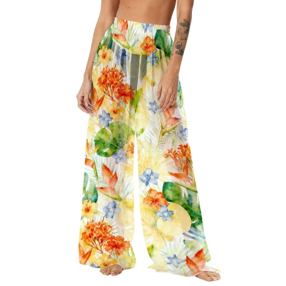 Levmjia Womens Swim Pants Floral Printed Cover Up Quick Dry Sunscreen Sun Protection Wide Leg Beach Lightweight Vacation Bohemian Style