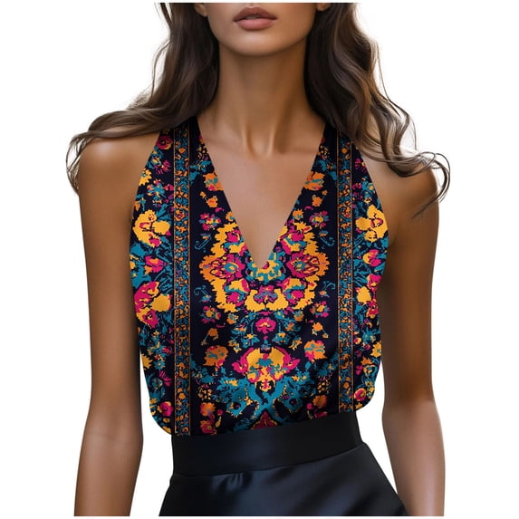 Levmjia Womens Tank Top V Neck Satin Floral Printed Sleeveless Camisole Elegant Wear Polyester Work Office Versatile Spring Summer