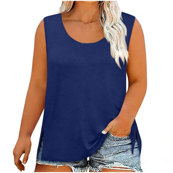 Levmjia Womens Tank Tops Casual Summer Sleeveless Camisole Polyester Solid Color Loose Fit Round Neck Side Slit Basic Tee Shirt Vacation Daily Wear