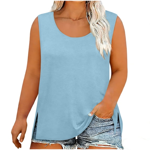 Levmjia Womens Tank Tops Casual Summer Sleeveless Camisole Polyester Solid Color Loose Fit Round Neck Side Slit Basic Tee Shirt Vacation Daily Wear