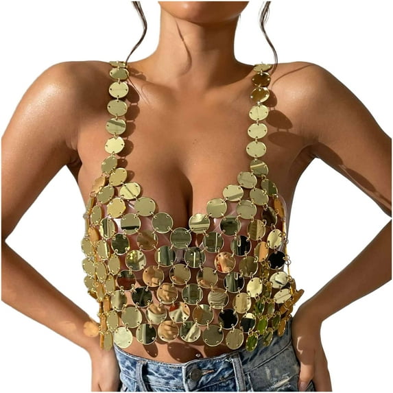 Levmjia Womens Tank Tops Fashion Halter Sleeveless V Neck Sequined Chain Beaded Slim Casual Blouse For Daily Wear Versatile Daily Wear