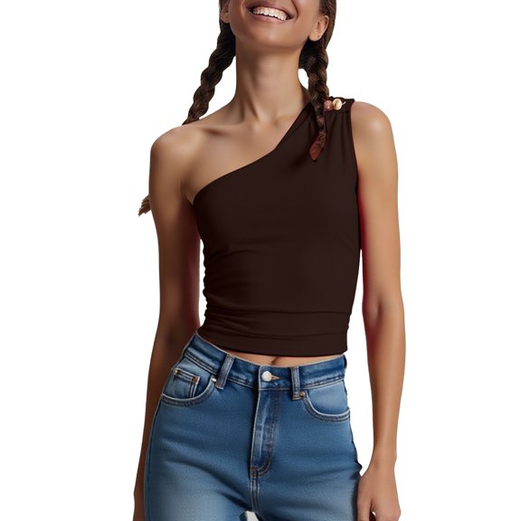 Levmjia Womens Tank Tops Fashion Solid Color One-Shoulder Personality Streetwear Slim Fit Casual Polyester Shirts Party Vacation