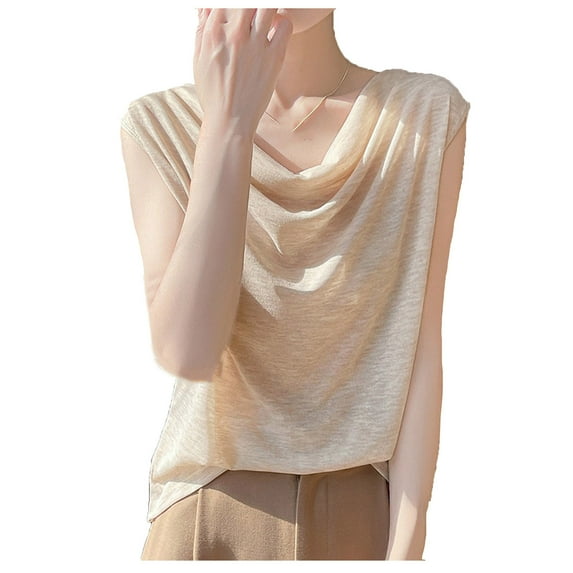 Levmjia Womens Tank Tops Pleated Loose Solid Color Sleeveless Round Neck Casual Shirts Soft Comfortable Basic Tee Everyday Wear Spring Summer