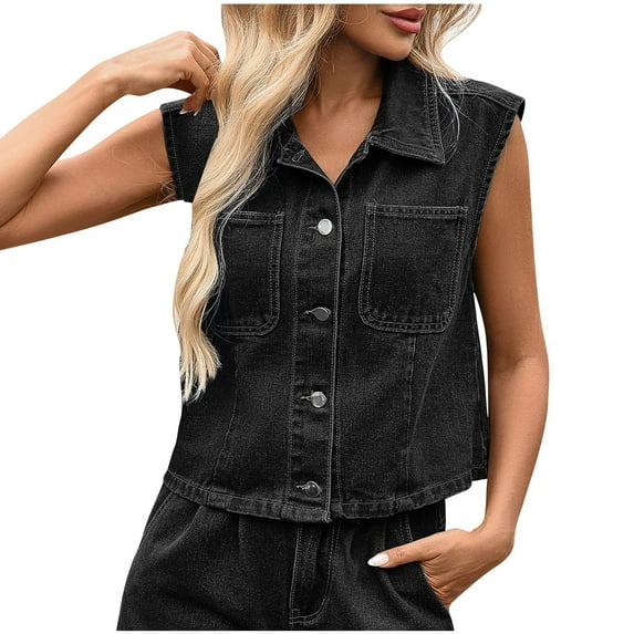 Levmjia Womens Tank Tops Sleeveless Denim Vest Lapel Casual Blouse Button Down Shirt Solid Color Tunic Tops Comfortable Vacation Party Daily Wear Summer