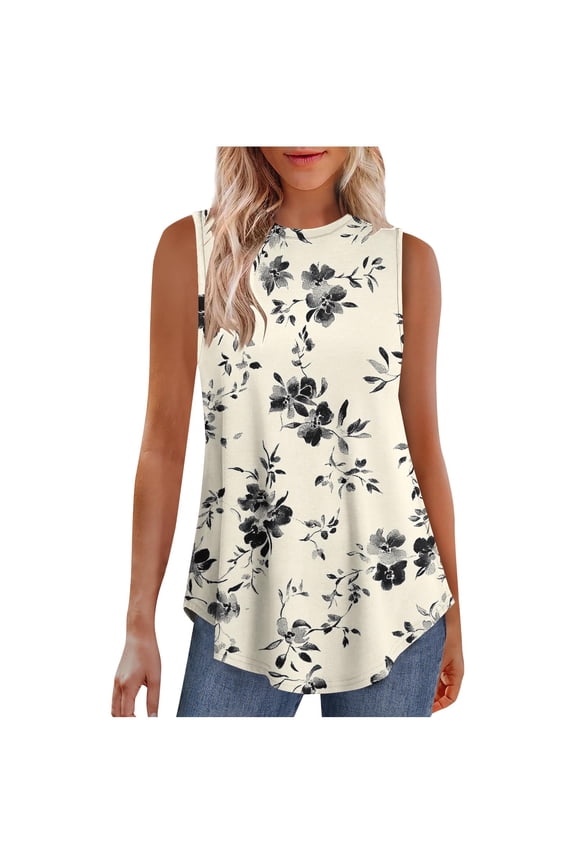 Womens Tank Tops Sleeveless Round Neck Casual Summer Pullover Blouse Soft Polyester Spandex Comfortable Loose Fit Fashion Top for Daily Wear