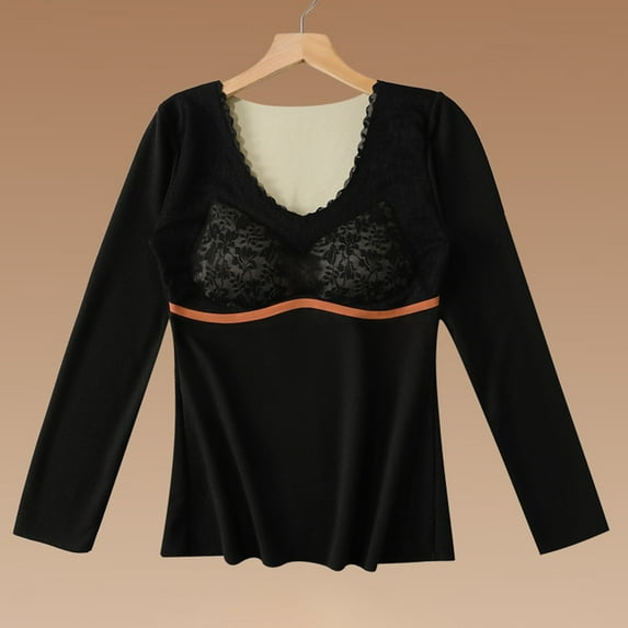 Levmjia Womens Thermal Underwear Base Lace Seamless Bottoming Shirt Long Sleeve Winter Warm Tops Soft Stretchy Comfort Fit For Cold Weather Casual Wear and Outdoor Activities