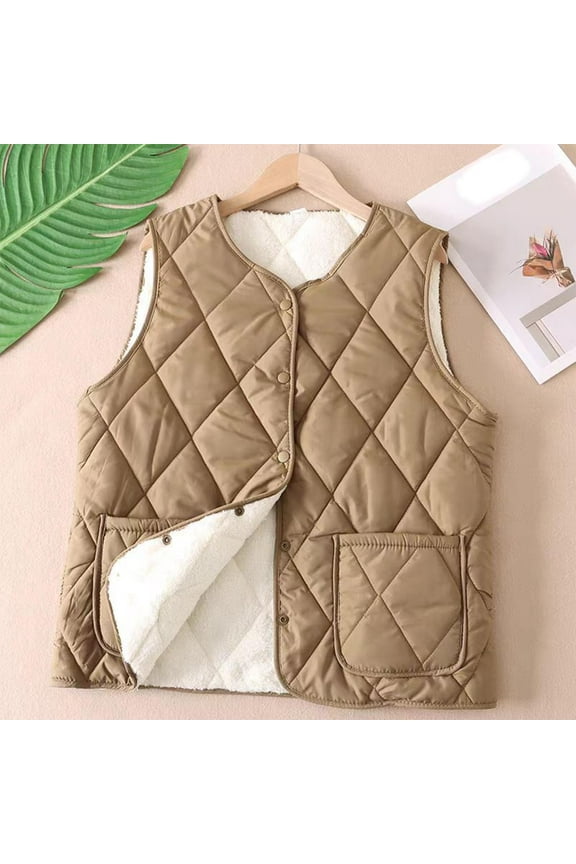 Womens Thermal Vest Sleeveless Button Pocket Inside Wearknit Solid Color Polyester Jacket For Winter Warmth Plus Size Outdoor Casual