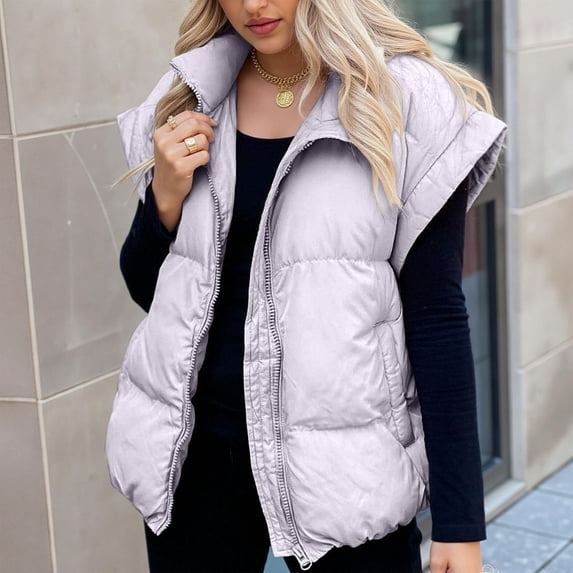 Levmjia Womens Thermal Vest Sleeveless Zipper Pocket Solid Color Cotton Padded Jacket For Winter Warmth Plus Size Outdoor Casual