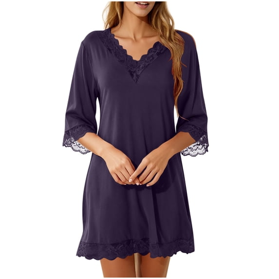 Levmjia Womens Three Quarter Sleeve Nightgown V Neck Lace Trim Solid Color Ruffle Hem Loose Mini Dress Home Sleep Casual Elegant Comfortable All Night Bedroom Rest Leisure
