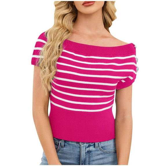 Levmjia Womens Top Casual Short Sleeve Blouse Off The Shoulder Summer Striped Round Neck Fashion Soft Polyester Pullover Comfortable Shirt