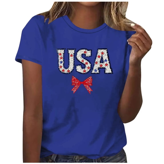 Levmjia Womens Top T-Shirt Short Sleeve Round Neck Printed Casual Pullover Fashion Comfortable Independence Day Tee Vacation Party Daily Wear