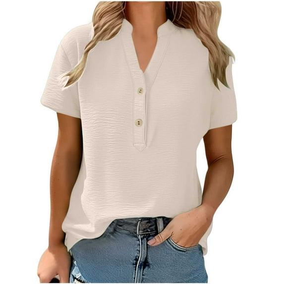 Levmjia Womens Top V Neck Fashion Blouse Short Sleeve T Shirt Button Down Casual Solid Color Pullover Vacation Work Spring Summer