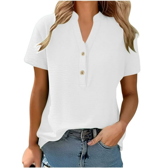 Levmjia Womens Top V Neck Fashion Blouse Short Sleeve T Shirt Button Down Casual Solid Color Pullover Vacation Work Spring Summer