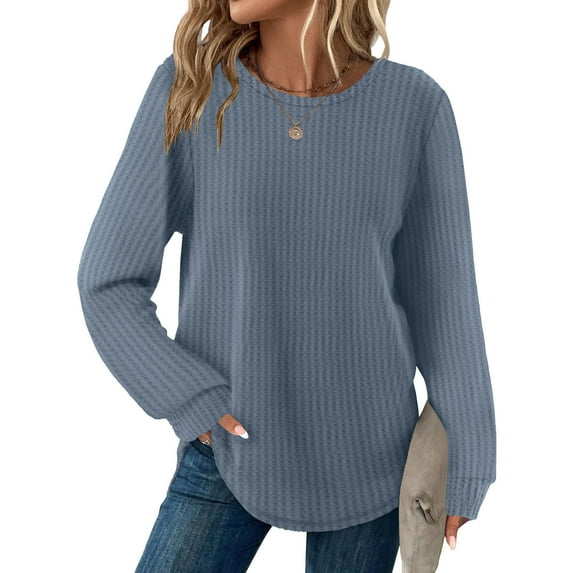 Levmjia Womens Tops Cable Knit Sweater Solid Color Waffle T-Shirt Round Neck Long Sleeve Winter Warm Soft Comfortable Casual Office Wear