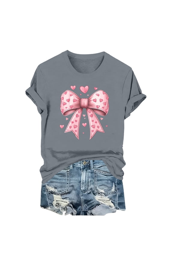 Womens Tops Casual Fashion Round Neck Valentine Day Bow Printed Short Sleeve Tshirt Blouse Soft Polyester Comfortable Loose Fit Tee