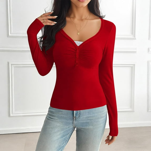 Levmjia Womens Tops Casual Long Sleeve V-Neck Solid Color Shirts Regular Fit Soft Breathable Comfortable Holiday Work Home Essential Basic Tee