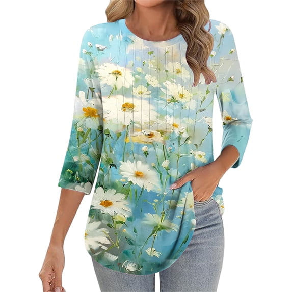 Levmjia Womens Tops Fashion 3/4 Sleeve Pleated Tunic Casual Blouse Round Neck Printed Polyester Shirt Loose Fit Comfortable Vacation