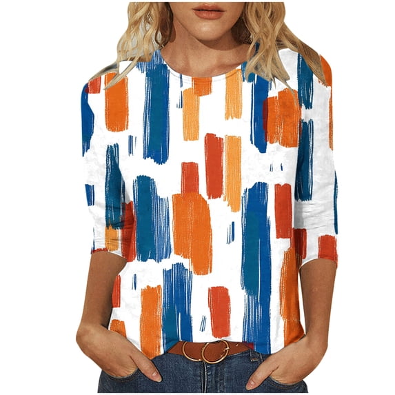 Levmjia Womens Tops Fashion 3/4 Sleeve T Shirt Casual Loose Fit Floral Printed Pullover Soft Polyester Round Neck Comfortable Tee For Daily Wear