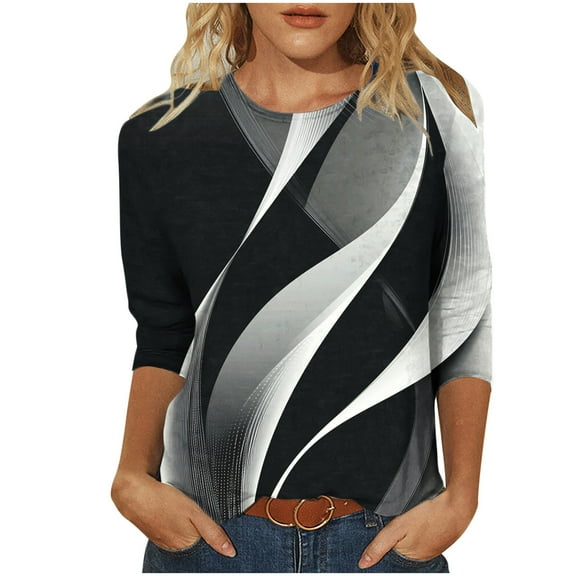 Levmjia Womens Tops Fashion 3/4 Sleeve T Shirt Casual Loose Fit Floral Printed Pullover Soft Polyester Round Neck Comfortable Tee For Daily Wear