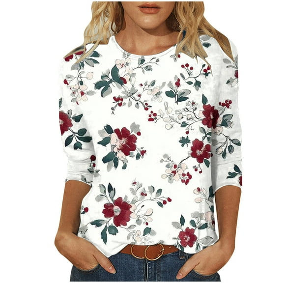 Levmjia Womens Tops Fashion 3/4 Sleeve T Shirt Casual Loose Fit Floral Printed Pullover Soft Polyester Round Neck Comfortable Tee For Daily Wear