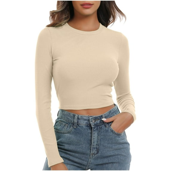 Levmjia Womens Tops Long Sleeve Crew Neck Cotton Blouse Solid Color Casual Shirt Fitted Basic Tee for Work Office Travel Home Comfortable Breathable Fall Spring All Season