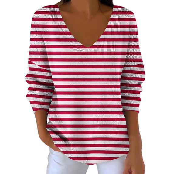 Levmjia Womens Tops Long Sleeve Striped Printed V-Neck Cotton Casual Shirt Solid Color Fitted Comfortable Work Daily Wear Breathable Soft Holiday Relax Home