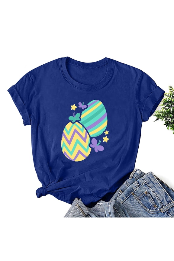 Womens Tops Plus Size Easter Tee Shirt Women's Easter Printed Round Neck Short Sleeved T-shirt Loose Top