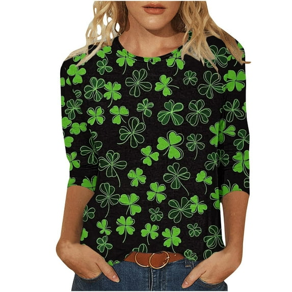 Levmjia Womens Tops Round Neck St Patricks Day 3/4 Sleeve Printed T Shirt Loose Fit Casual Blouse Soft Comfortable Holiday Graphic Vacation