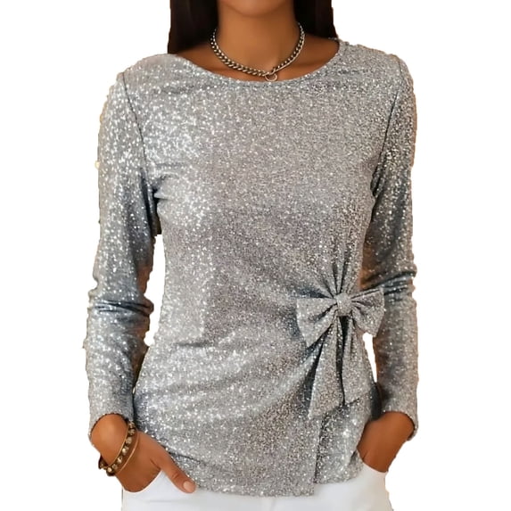 Levmjia Womens Tops Sequined Pleated Lace Up Bow Long Sleeve Round Neck Solid Color Pullover Casual Shirt Home Relaxation Holiday Work Comfortable And Breathable