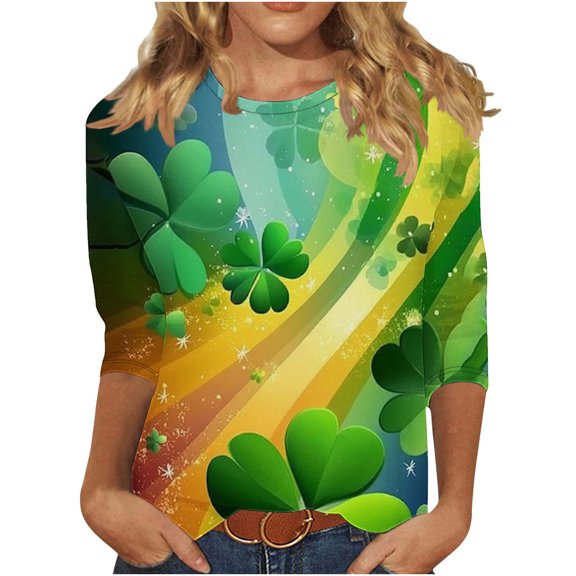 Levmjia Womens Tops St Patricks Day Printed T Shirt 3/4 Sleeve Crew Neck Casual Loose Fit Blouse Soft Comfortable Round Neck Shirt For Women