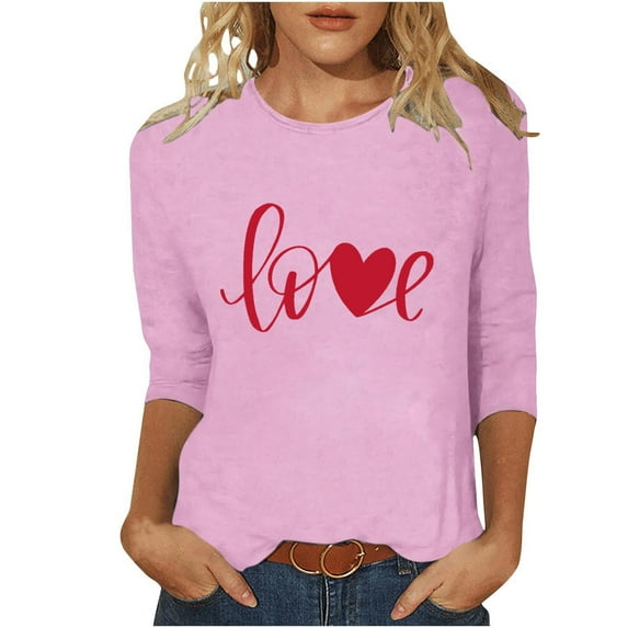 Levmjia Womens Tops Sweatshirts Valentine Print Solid Color Round Neck Loose Long Sleeve T-Shirt Breathable Comfortable Holiday Work Commute Home Casual Wear
