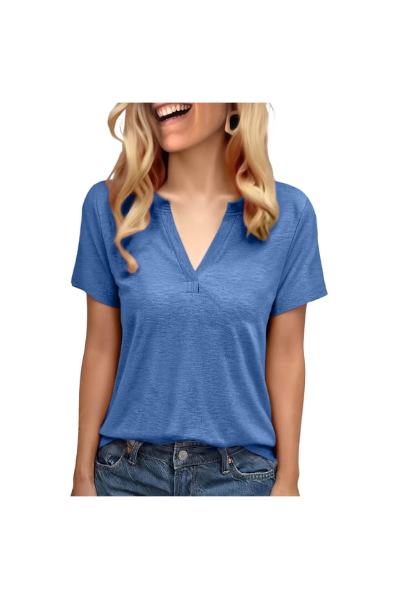 Womens Tops V Neck T Shirt Short Sleeve Casual Solid Color Blouse Soft Polyester Comfortable Loose Fit Basic Tee Spring Summer Work Vacation