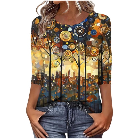 Levmjia Womens Tops Vintage Boho Floral Printed 3/4 Sleeve T Shirt Loose Casual Round Neck Blouse Pullover Polyester Comfortable All Season