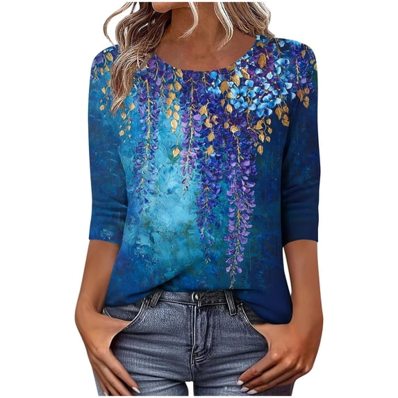 Levmjia Womens Tops Vintage Boho Floral Printed 3/4 Sleeve T Shirt Loose Casual Round Neck Blouse Pullover Polyester Comfortable All Season