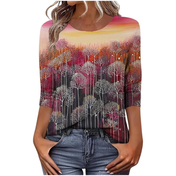 Levmjia Womens Tops Vintage Boho Floral Printed 3/4 Sleeve T Shirt Loose Casual Round Neck Blouse Pullover Polyester Comfortable All Season