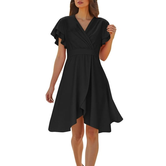 Levmjia Womens V Neck Casual Dress Polyester Flowy Ruffle Sleeve Summer Beach Party Elegant Solid Color Multiple Colors Available