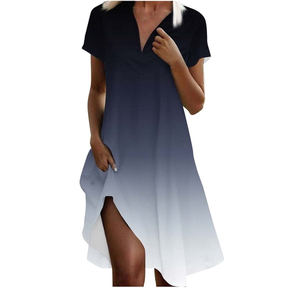 Levmjia Womens V Neck Casual Dress Summer Flowy Short Sleeve Loose Fit Gradient Print Mesh Maxi Dress Comfortable Beach Vacation Party Wear Multi Color Options
