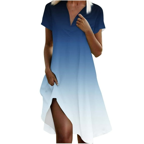 Levmjia Womens V Neck Casual Dress Summer Flowy Short Sleeve Loose Fit Gradient Print Mesh Maxi Dress Comfortable Beach Vacation Party Wear Multi Color Options