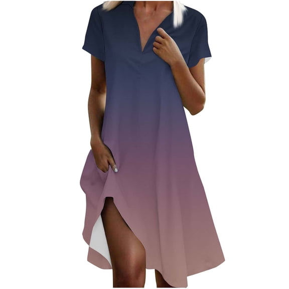 Levmjia Womens V Neck Casual Dress Summer Flowy Short Sleeve Loose Fit Gradient Print Mesh Maxi Dress Comfortable Beach Vacation Party Wear Multi Color Options