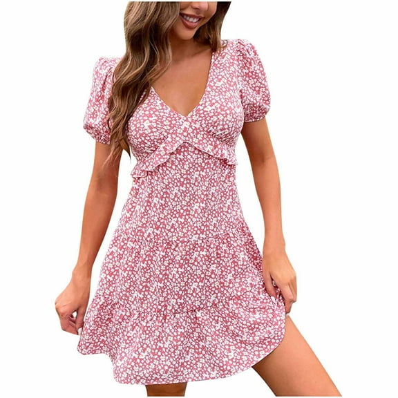 Levmjia Womens V Neck Casual Summer Dress Loose Fit Floral Short Sleeve Cotton Comfortable Beach Vacation Work Office Dress Multi Colors Available