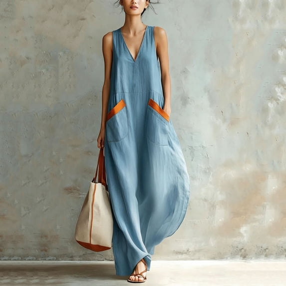 Levmjia Womens V Neck Maxi Dress With Contrast Pockets Loose Fit A Line Flowy Sleeveless Casual Long Dress Lightweight Breathable Solid Color Beach Vacation Daily Wear