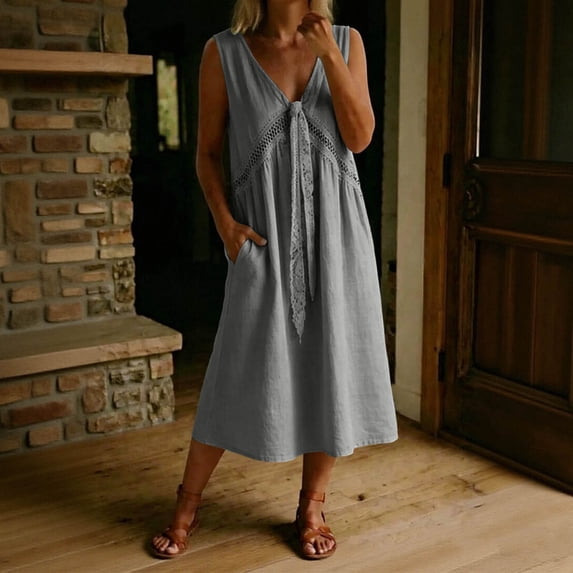 Levmjia Womens V Neck Midi Dress With Tie Waist And Pockets Sleeveless Loose Fit A Line Flowy Casual Solid Color Summer Sundress Lightweight Breathable Daily Wear