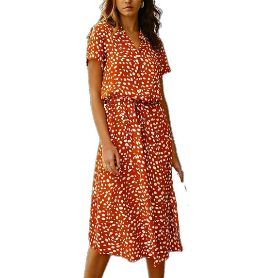 Levmjia Womens V Neck Polka Dot Midi Shirt Dress Short Sleeve Loose Casual Summer Dress with Drawstring Waist Flowy Polyester Fabric