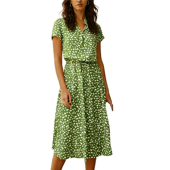 Levmjia Womens V Neck Polka Dot Midi Shirt Dress Short Sleeve Loose Casual Summer Dress with Drawstring Waist Flowy Polyester Fabric