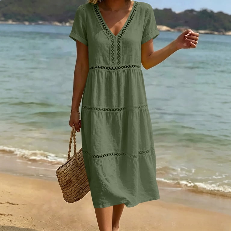 Levmjia Womens V Neck Short Sleeve Casual Midi Dress Loose Fit A Line Swing Dress With Pockets Lightweight Breathable Solid Color Summer Dress Vacation