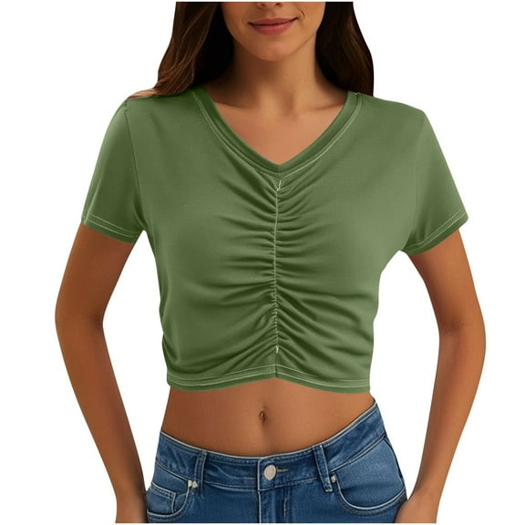 Levmjia Womens V Neck Tops Short Sleeve Casual Basic Solid Color Pleated T Shirt 95 Polyester 5 Spandex Slim Fit Stretchy Comfortable Summer Work Vacation Yoga Multi Colors