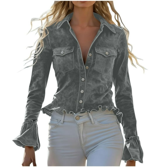 Levmjia Womens Vintage Shirt Top Lapel Long Sleeve Button V Neck Solid Color Blouse Work Office Casual Outfit Holiday Travel Relaxing Home Wear