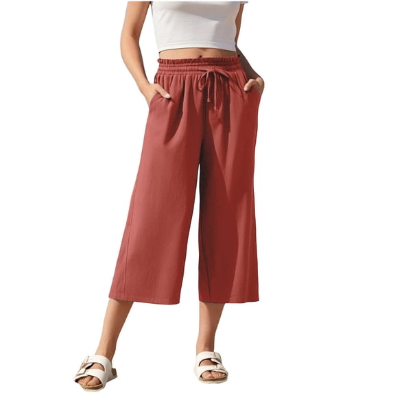 Levmjia Womens Wide Leg Pants Elastic Waist Soft Cotton Linen Breathable Casual Home Wear Summer Solid Color Drawstring Pocket Comfortable Stretchy Cropped Trousers