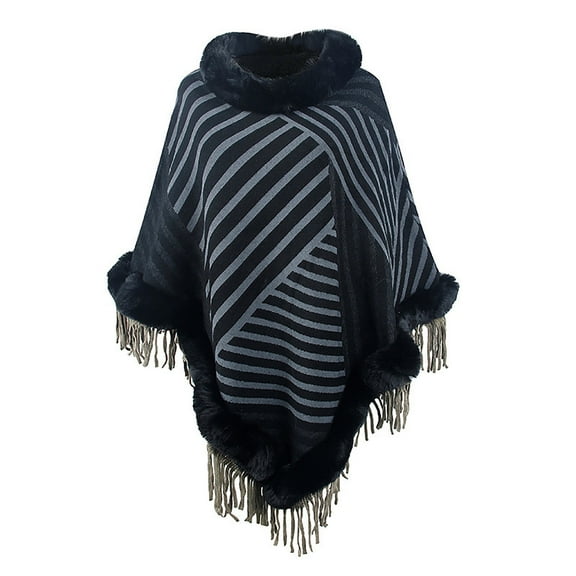 Levmjia Womens Winter Cape Cloak Warm Fleece Hooded Stand-Up Collar Pullover Knitted Shawl With Warm Tassels Print Elegant Dressy Outerwear For Holiday Festive
