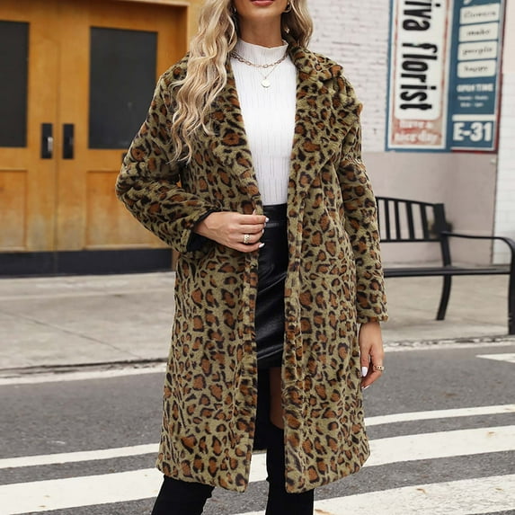 Levmjia Womens Winter Coat Trendy Fleece Jacket Ladies Warm Faux Furry Long Coat Jacket Winter Leopard Print V-neck Thick Outerwear